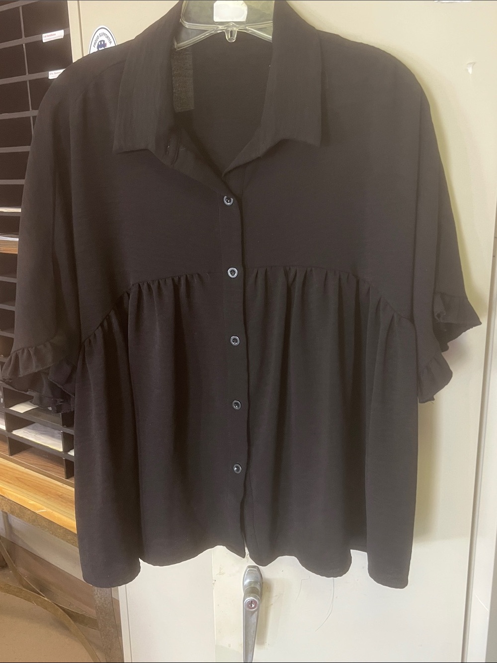 SHEIN Black Ruffle Button-Down Short Sleeve Top